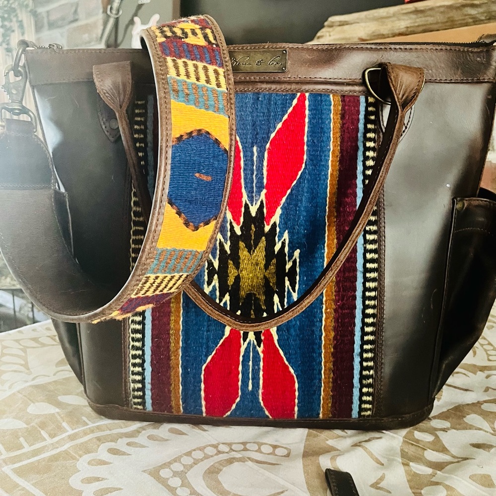 Nena & Co. Brown Leather Tote with Multicolor Southwestern Stripe Accents - Picture 2 of 7